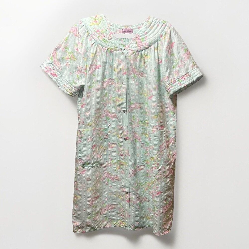 Lati‎ Fashion Mint Green Butterfly Floral Snap Front House Dress Duster Large